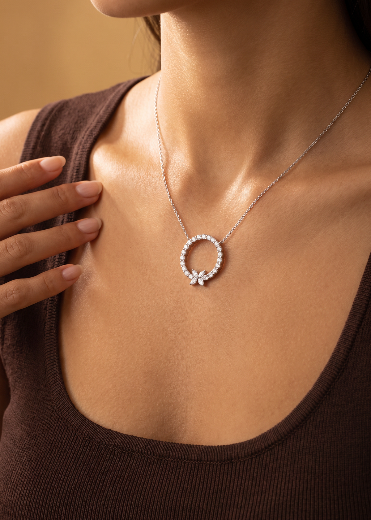Lab Diamond White Gold Circle Butterfly Necklace