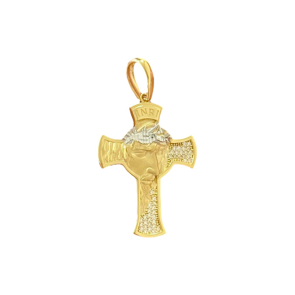 18K Gold Medium CZ Two Tone Jesus Face Cross Pendant