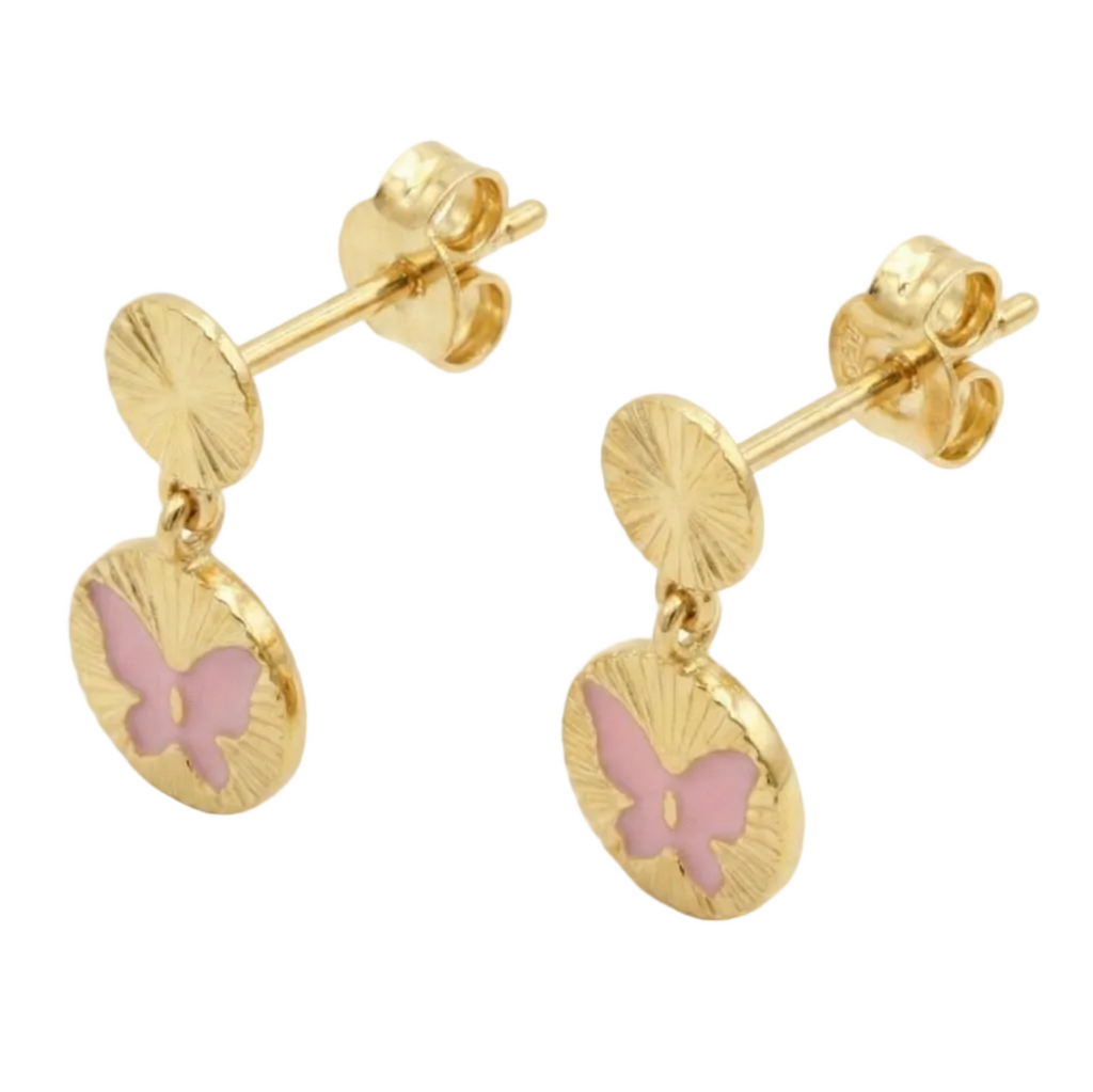 18K Yellow Gold Pink Enamel Butterfly Earrings