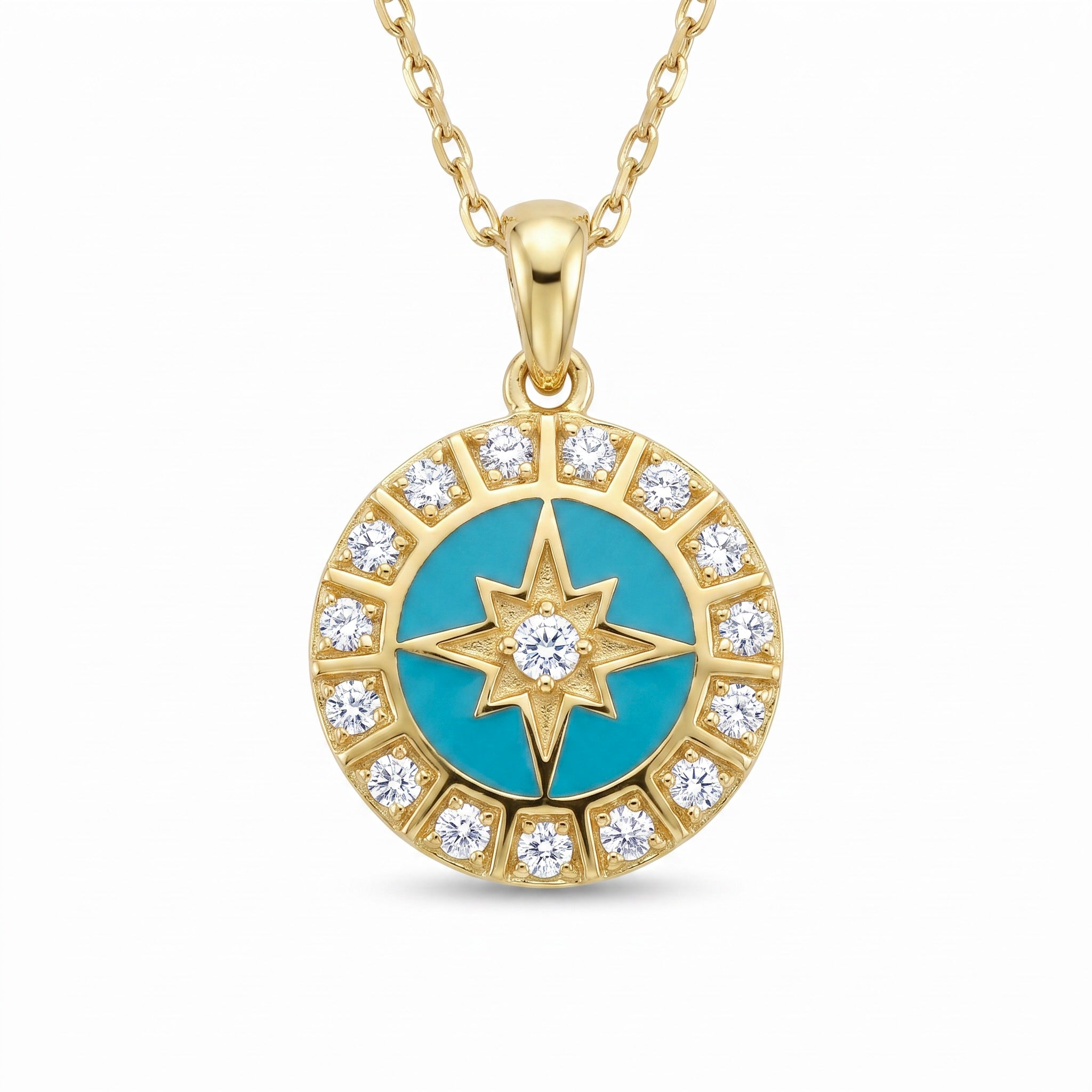 18K Yellow Gold Cubic Zirconia Blue Enamel Necklace