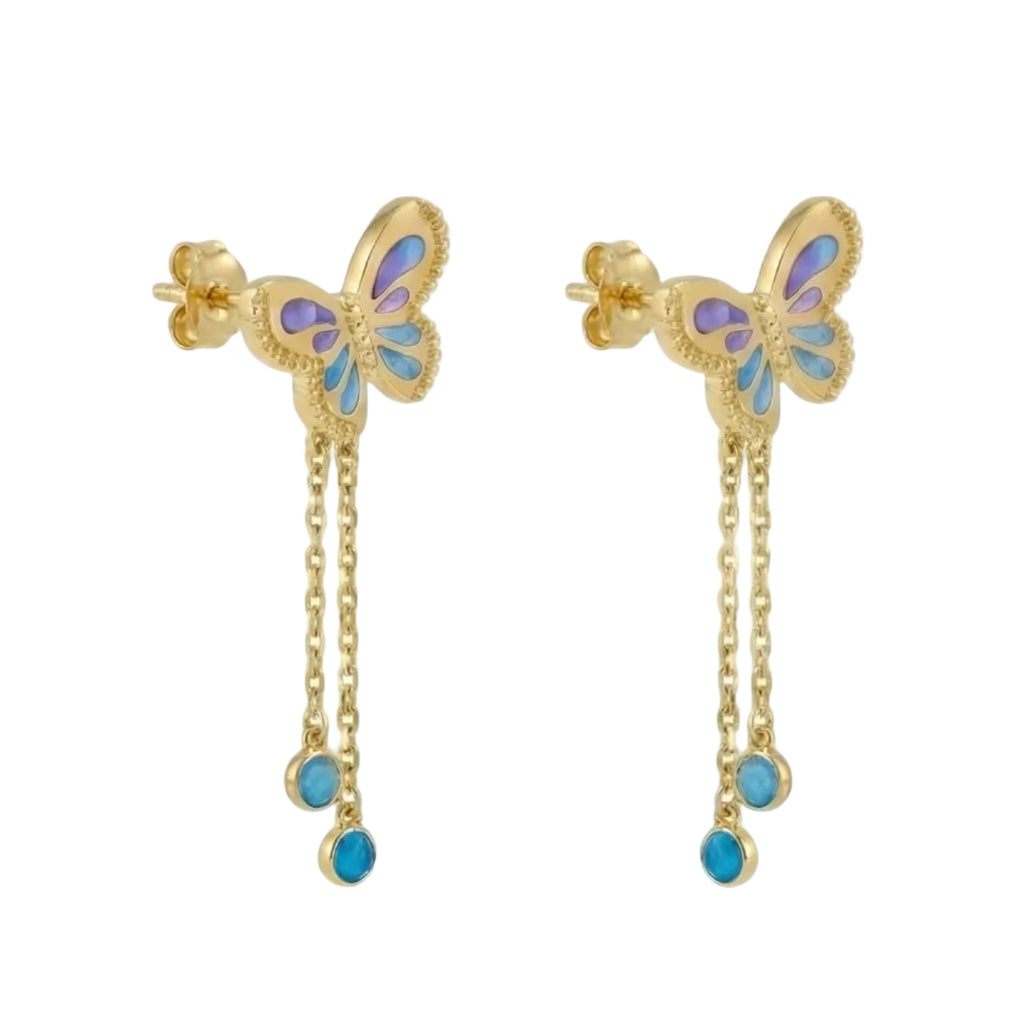 18K Yellow Gold Multicolor Mother Of Pearl Butterfly Dangle Earrings