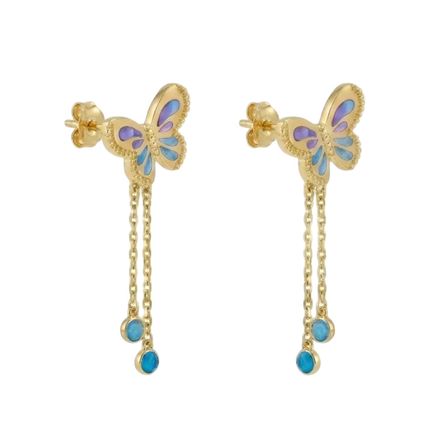 18K Yellow Gold Multicolor Mother Of Pearl Butterfly Dangle Earrings