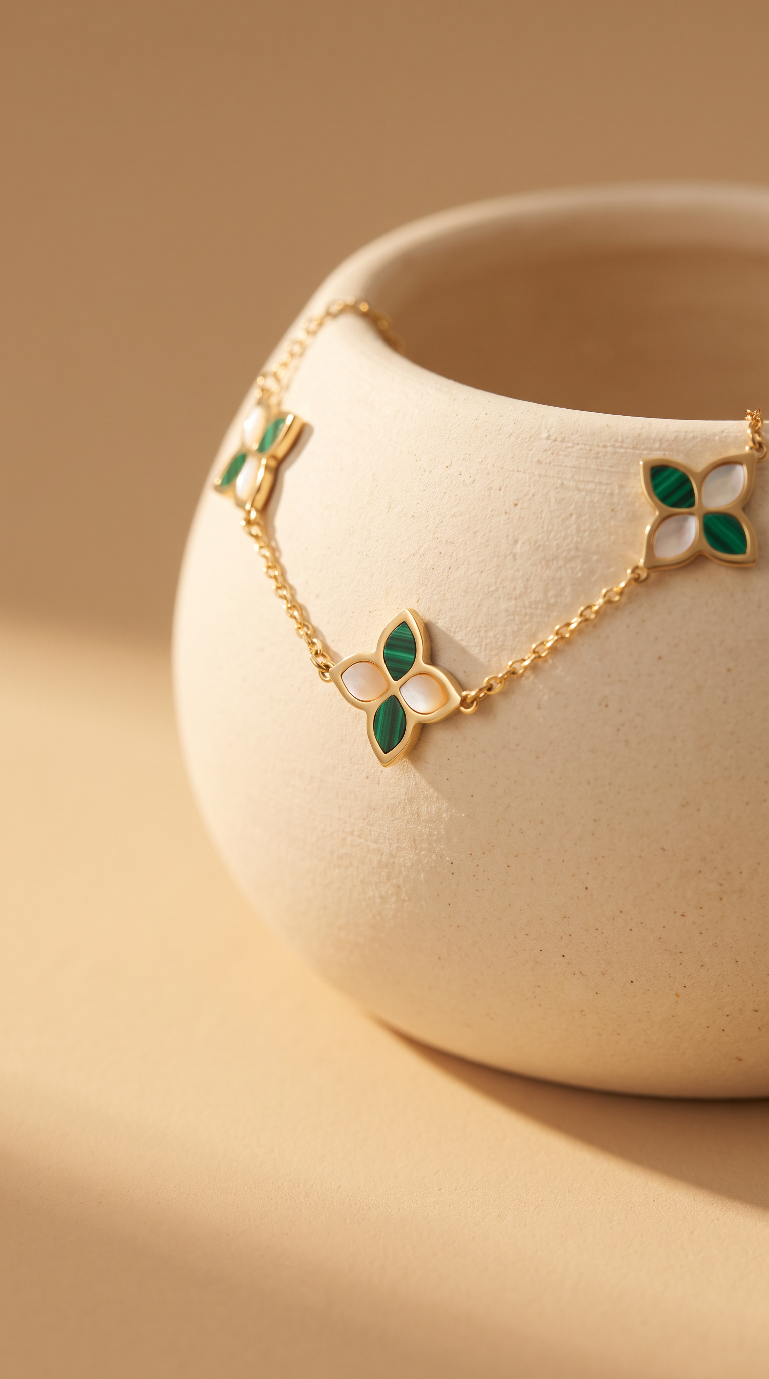 18K Yellow Gold Mother Of Pearl & Malachite Chain Bracelet
