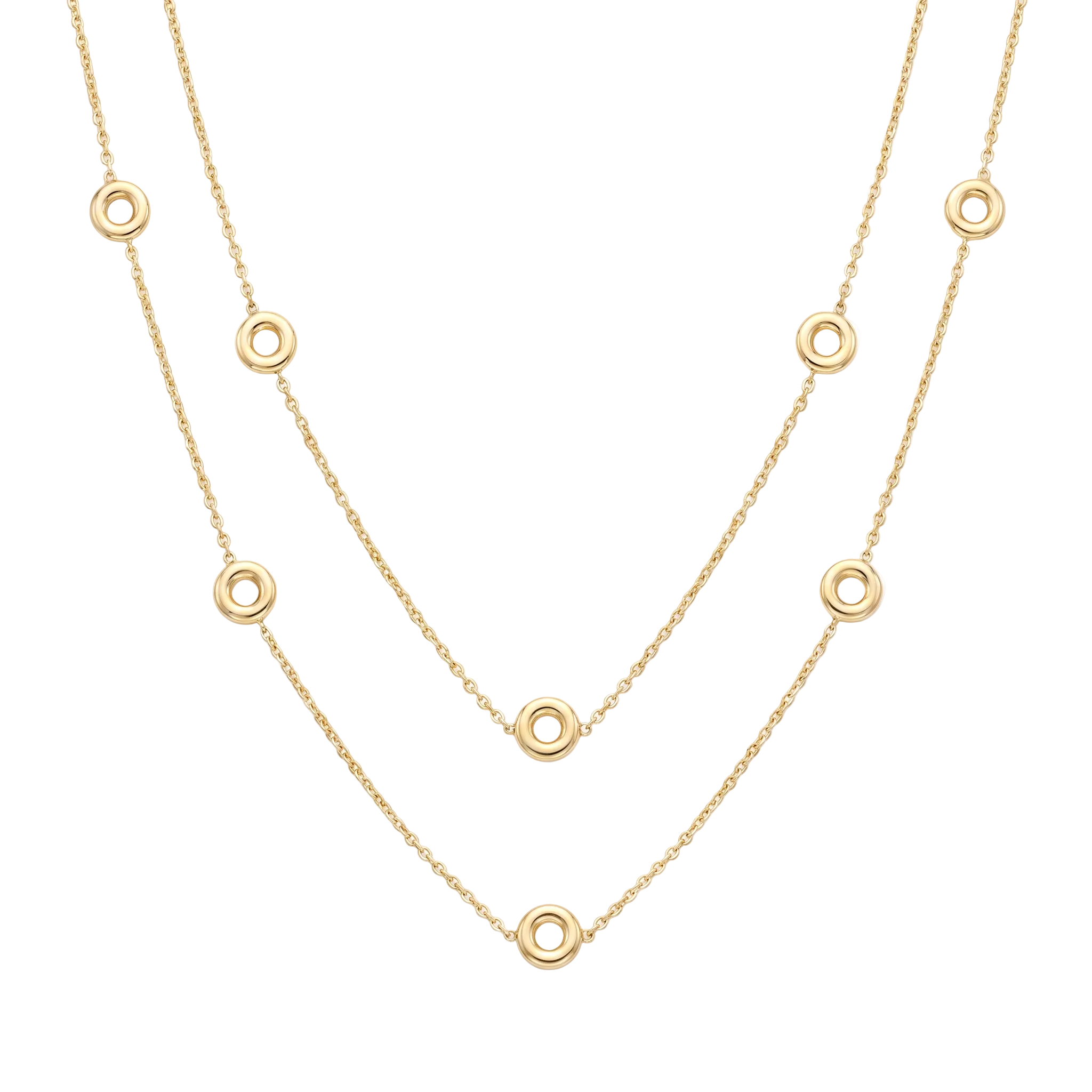 18K Yellow Gold Circle Double Chain Necklace