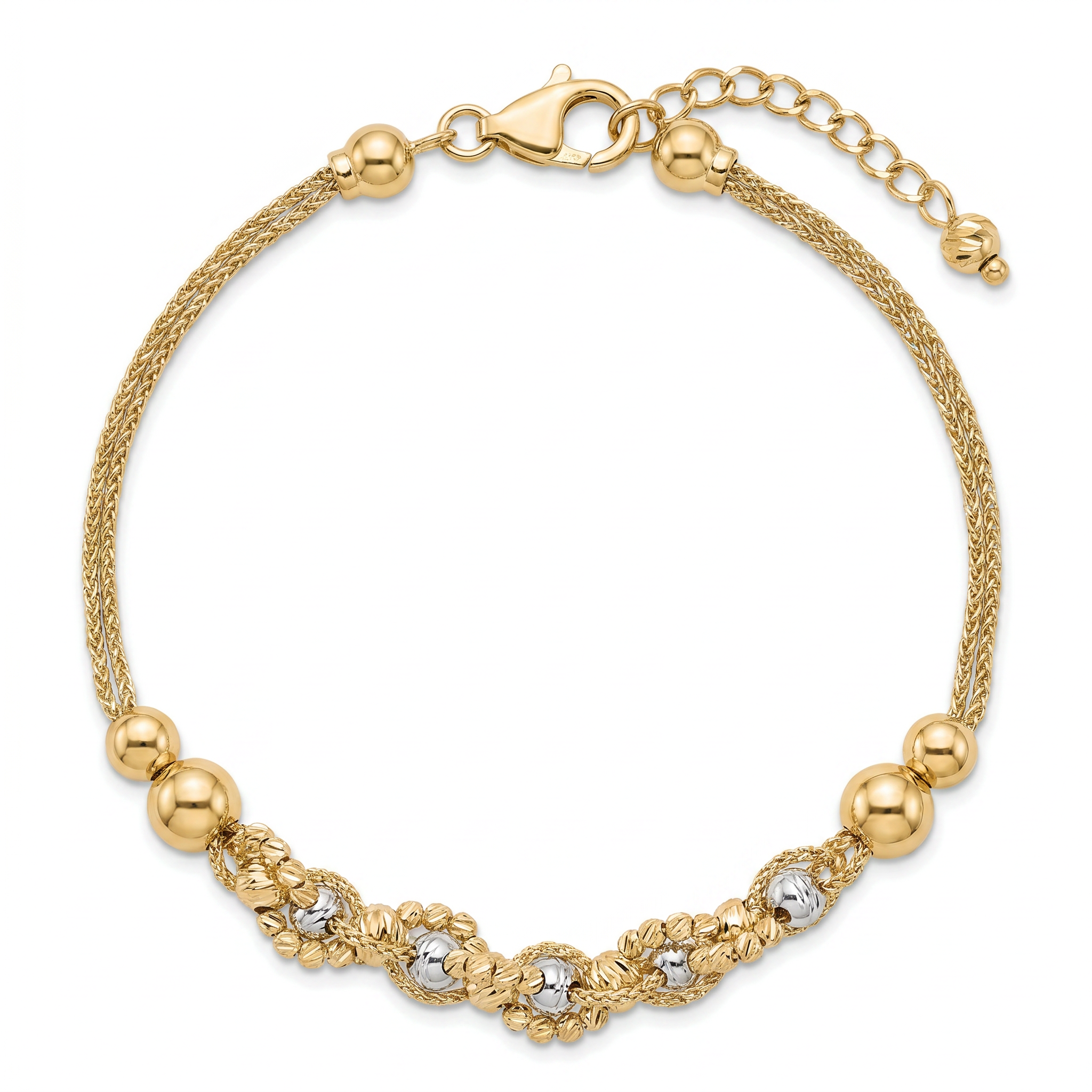 18K Two Tone Gold Double Chain Beaded Bracelet