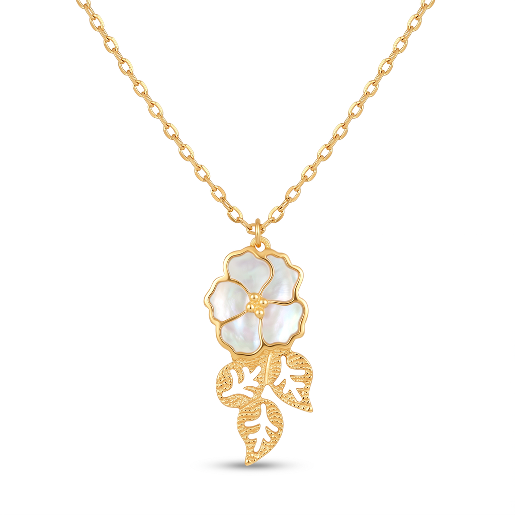 18K Yellow Gold Mother Of Pearl Flower Necklace