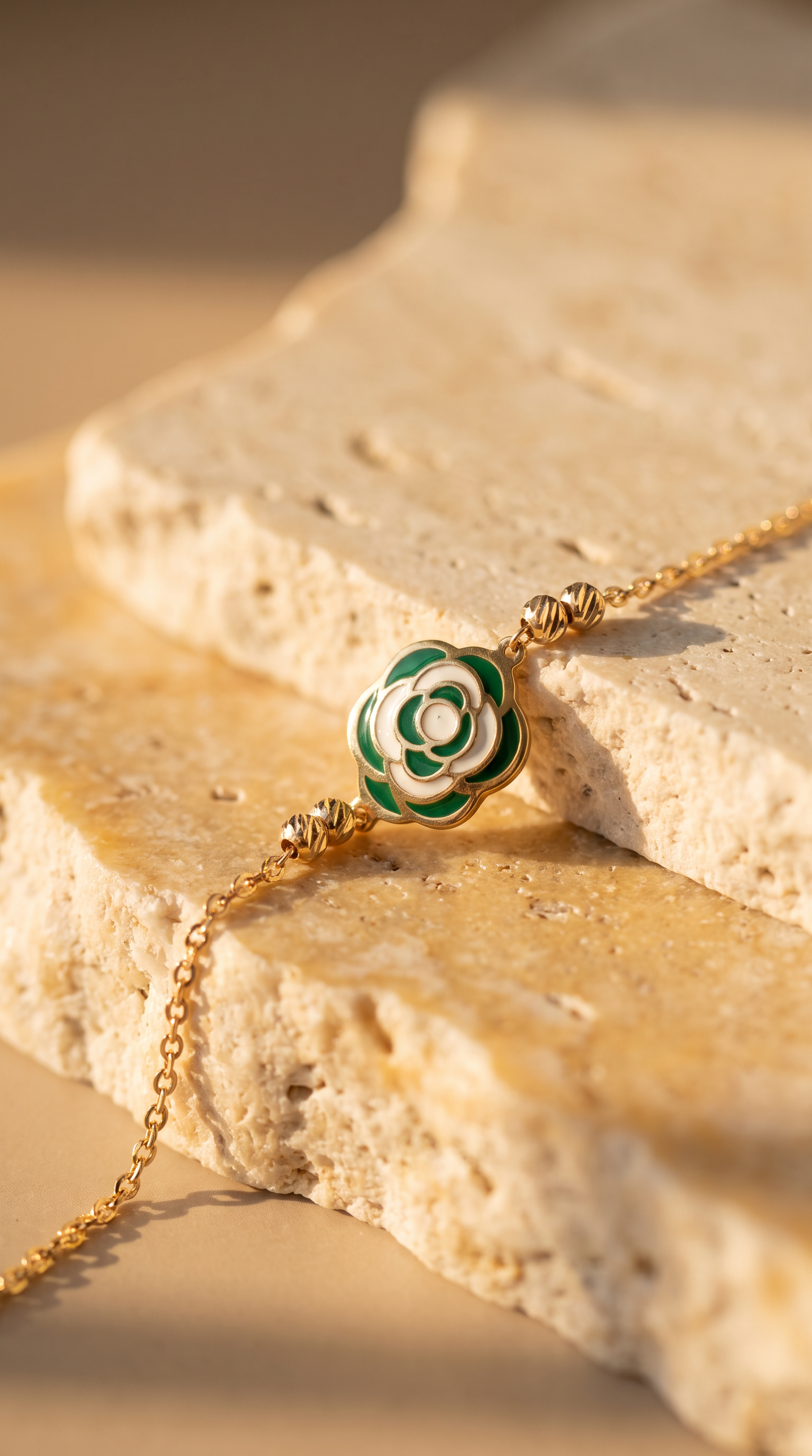 18K Yellow Gold Green & White Enamel Rose Chain Bracelet