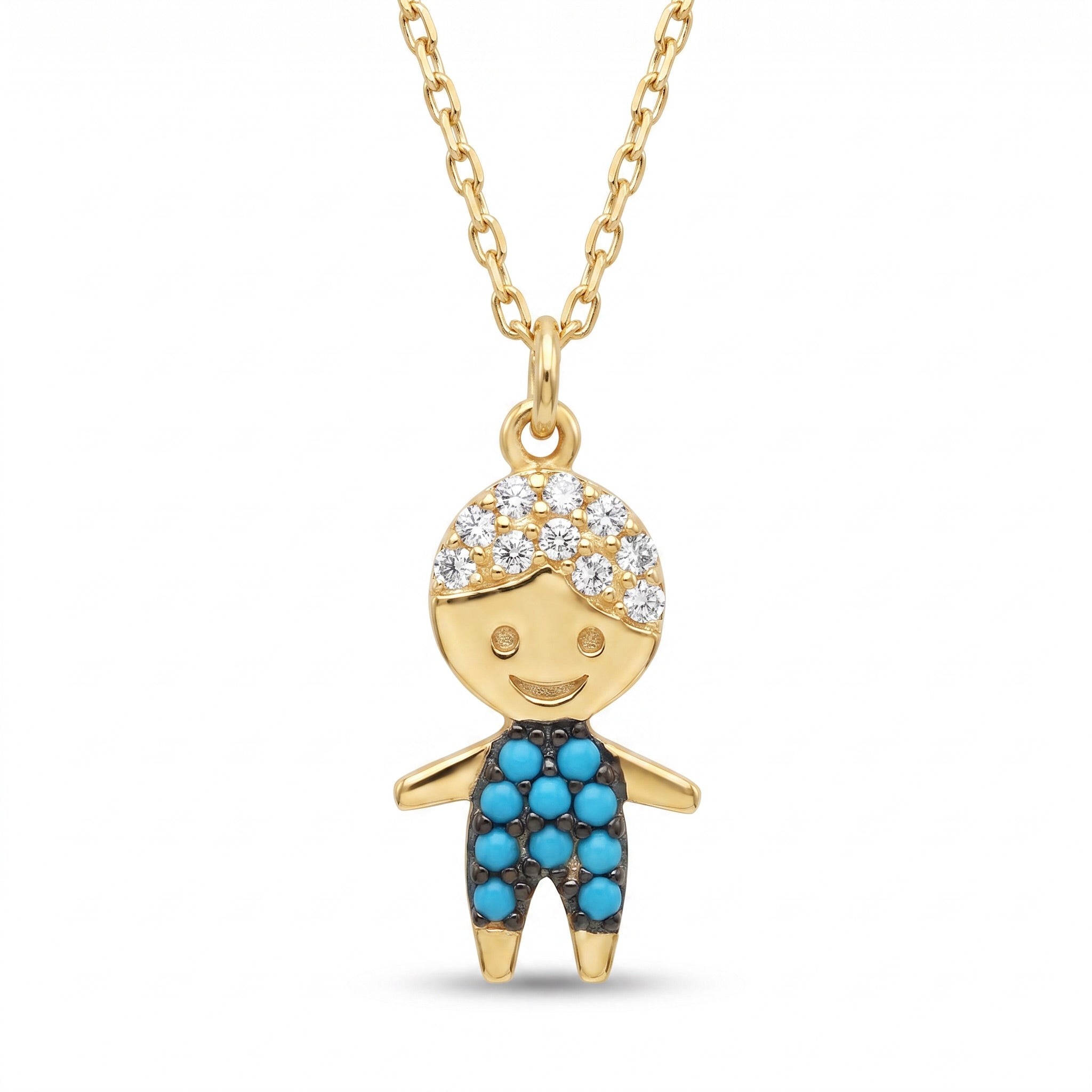 18K Yellow Gold Cubic Zirconia Blue Enamel Black Rhodium Child Necklace