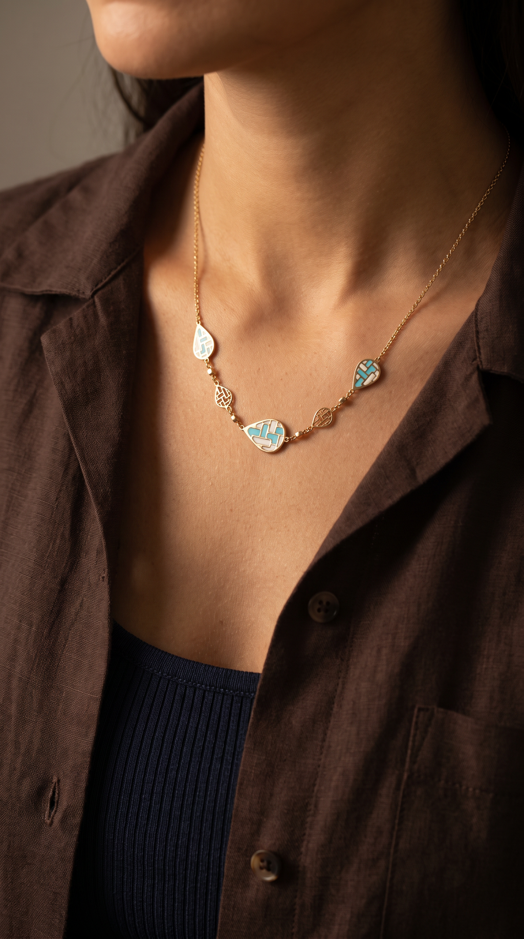 18K Yellow Gold White & Cyan Enamel Teardrop Chain Necklace