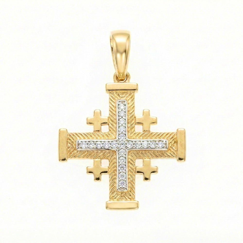 18K Two Tone Gold Cubic Zirconia Jerusalem Cross Pendant