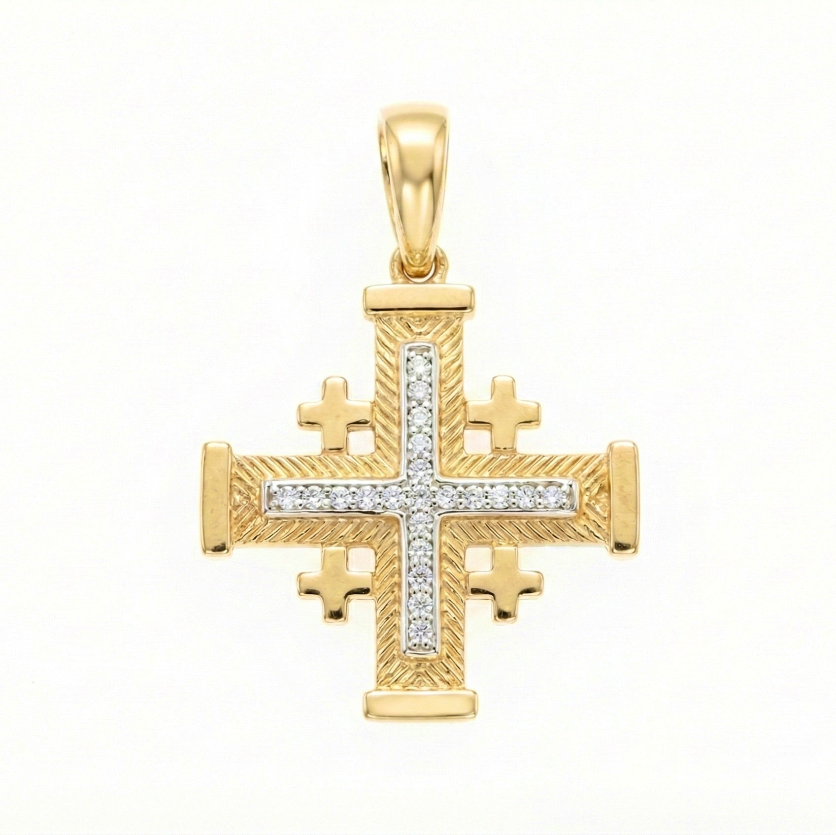 18K Two Tone Gold Cubic Zirconia Jerusalem Cross Pendant
