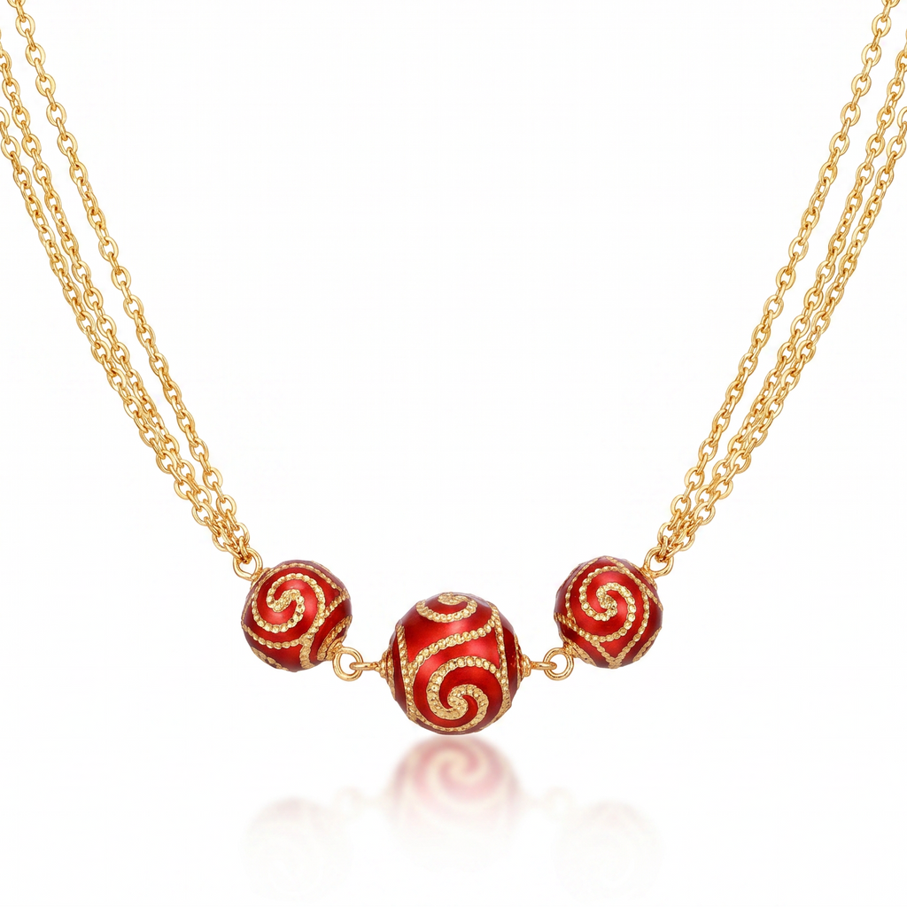 18K Yellow Gold Red Beaded Triple Chain Necklace