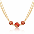 18K Yellow Gold Red Beaded Triple Chain Necklace
