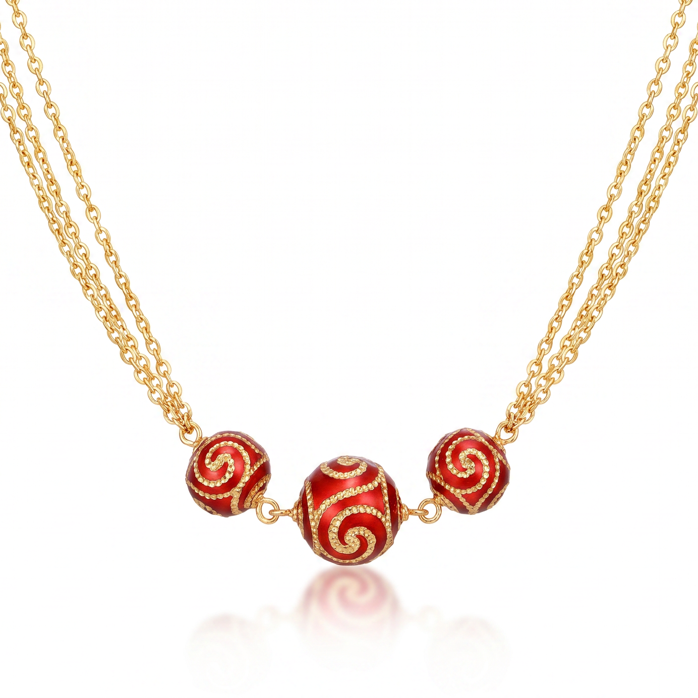 18K Yellow Gold Red Beaded Triple Chain Necklace