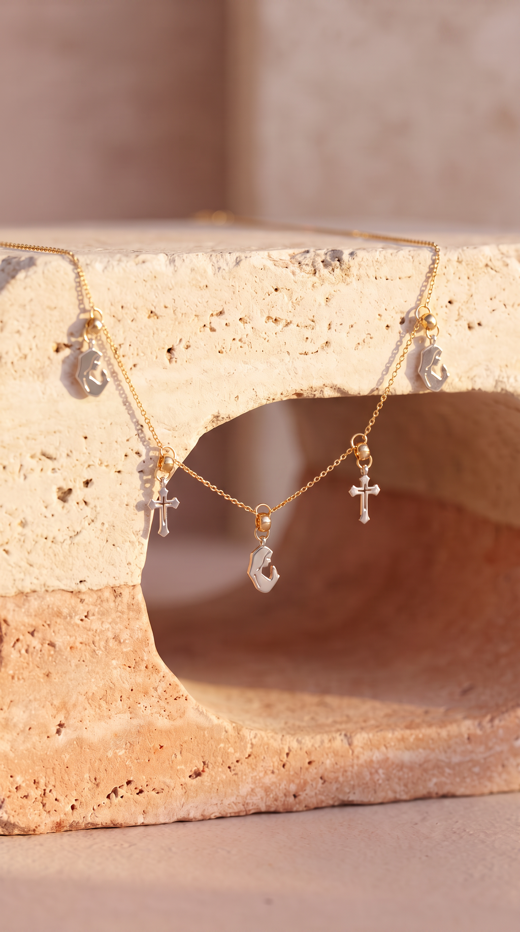 18K Two Tone Gold Cross & Mary Chain Necklace