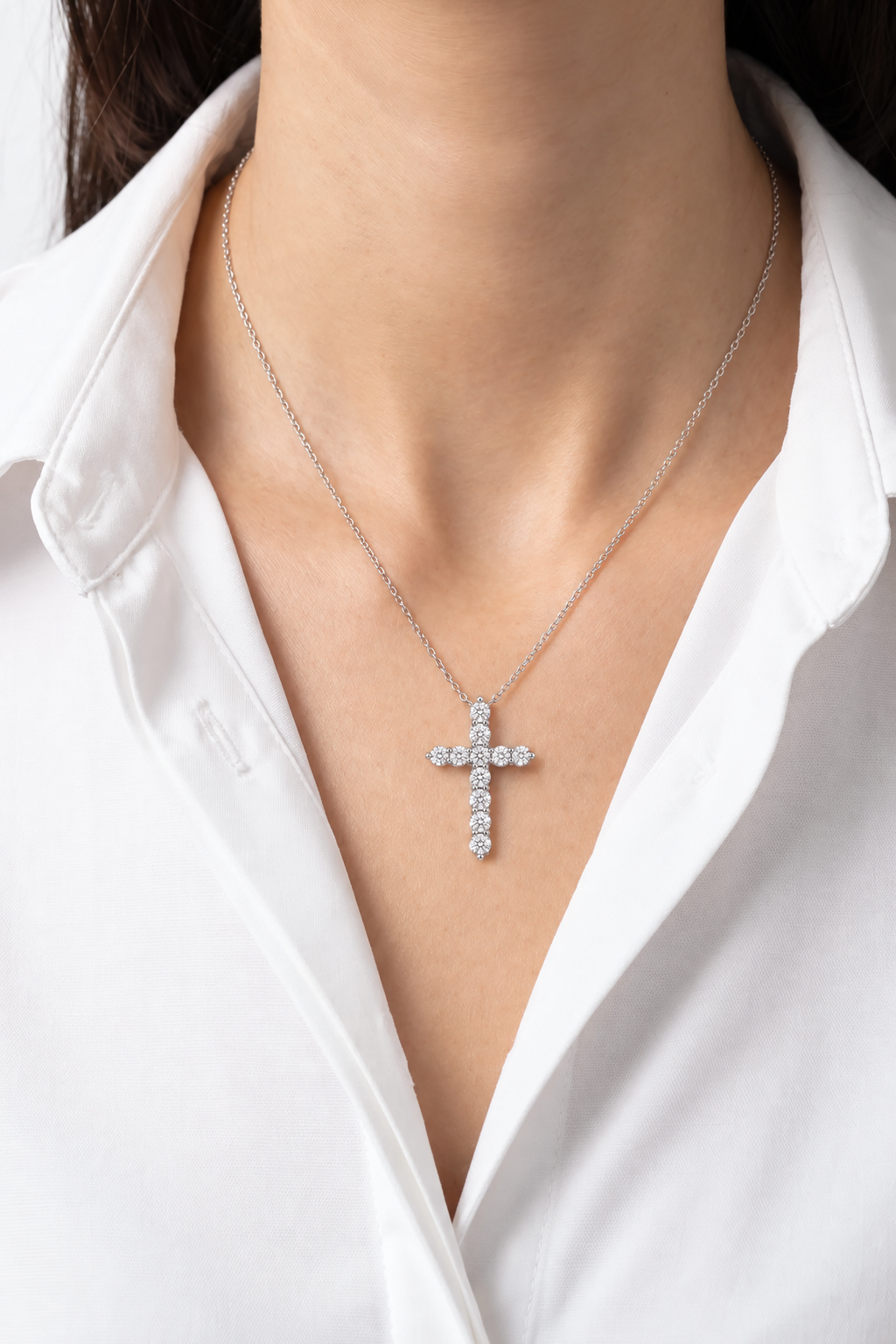 Lab Diamond White Gold Medium Cross Necklace