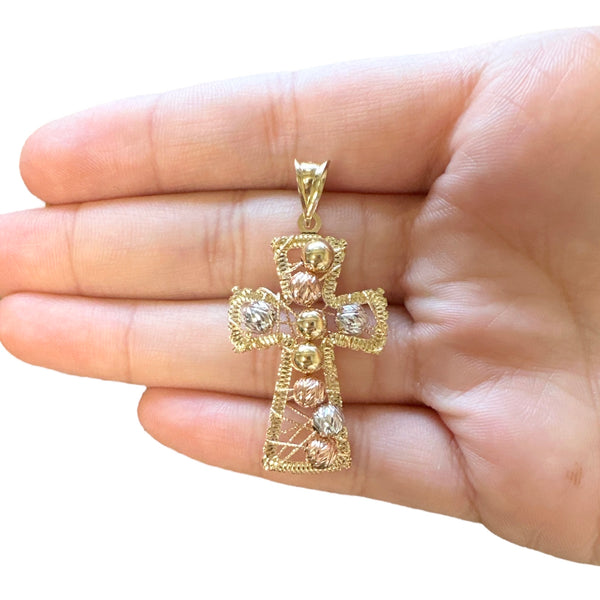 18K Gold Large Multicolor Wire Bead Cross Pendant