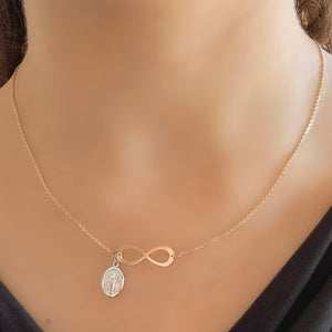 18K Gold Two Tone Infinity and St. Mary Charm Chain Necklace