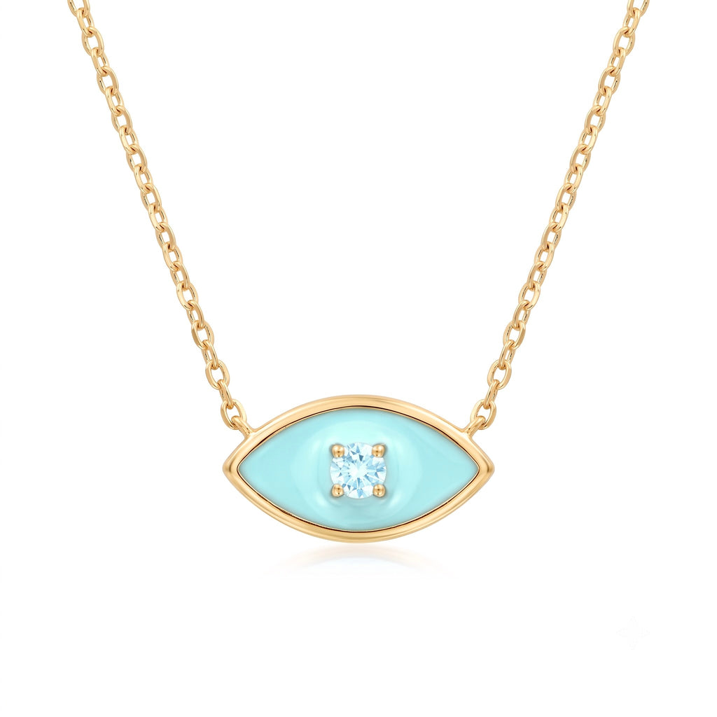 18K Yellow Gold Cyan Cubic Zirconia Enamel Eye Necklace