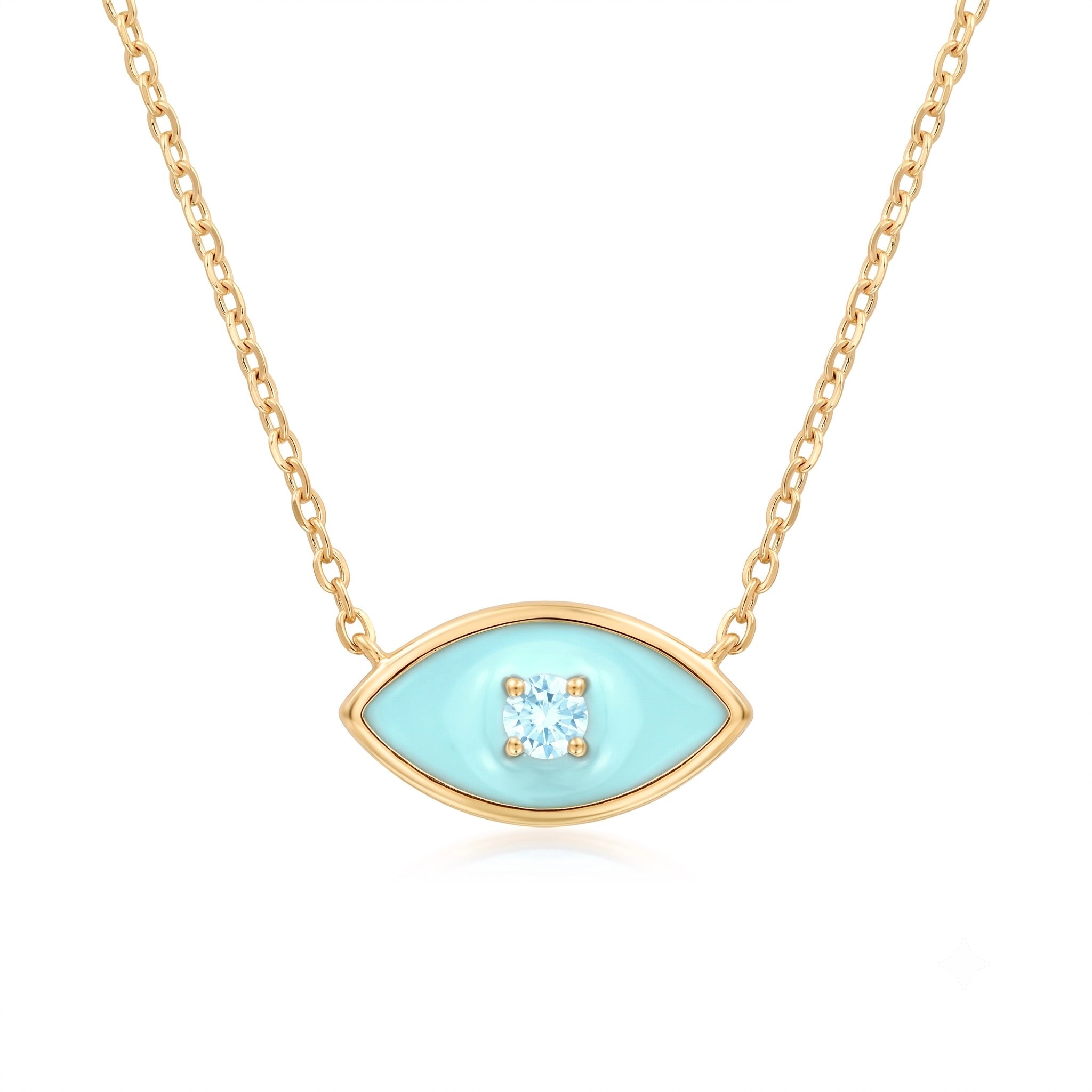 18K Yellow Gold Cyan Cubic Zirconia Enamel Eye Necklace