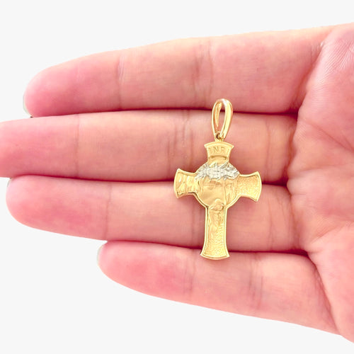 18K Gold Small Two Tone Jesus Face Cross Pendant
