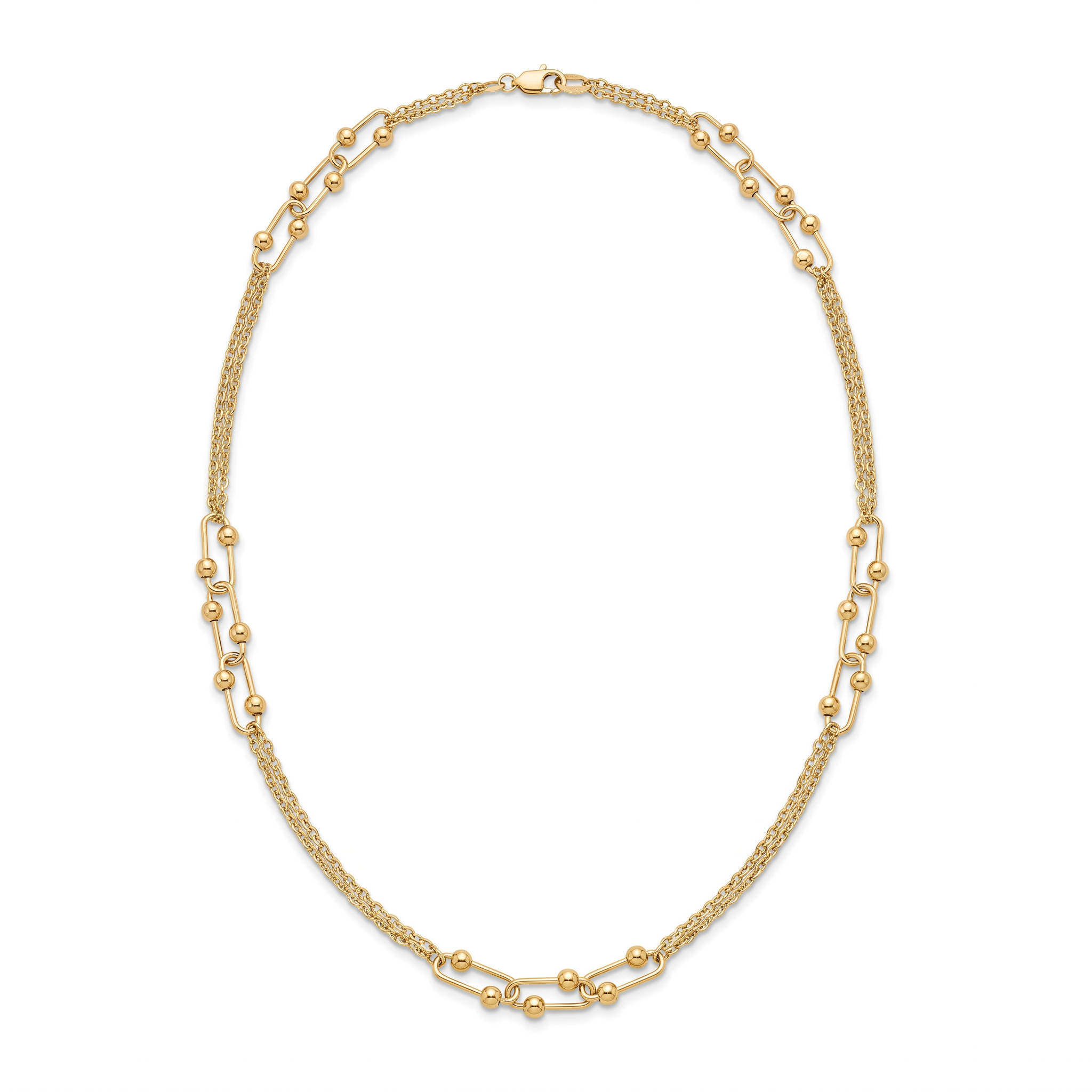 18K Yellow Gold Double Chain Bead Paper Clip Necklace