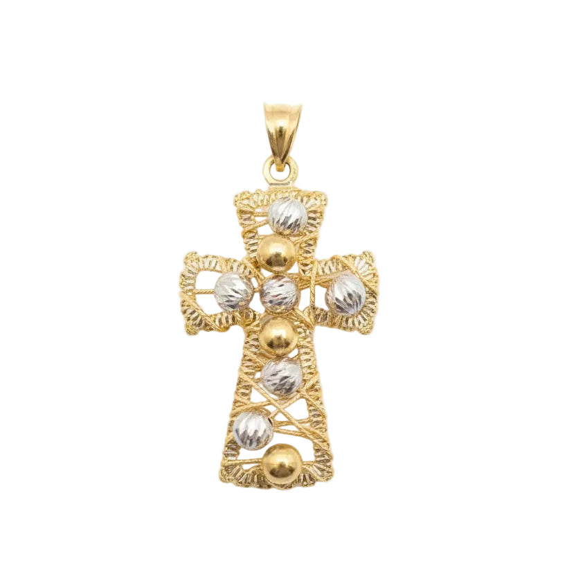 18K  Two Tone Gold Medium Wire Bead Cross Pendant
