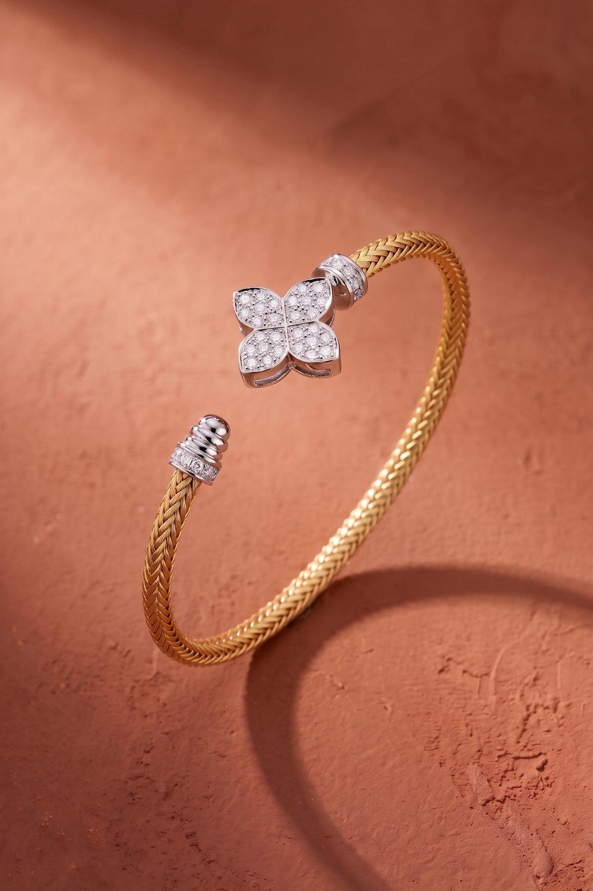 Diamond Two Tone Gold Pavé Flower Cuff Bracelet