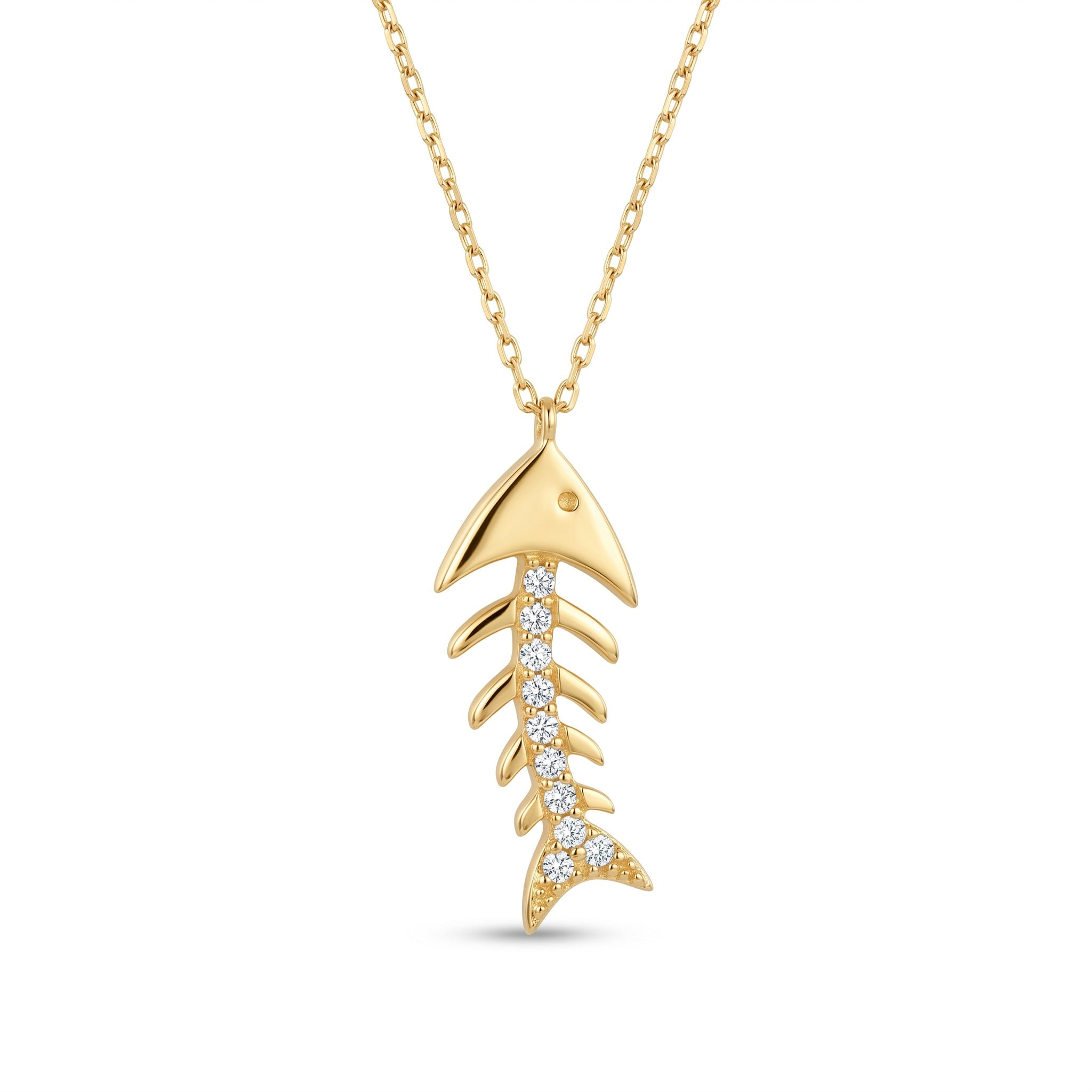 18K Yellow Gold Cubic Zirconia Fish Skeleton Necklace