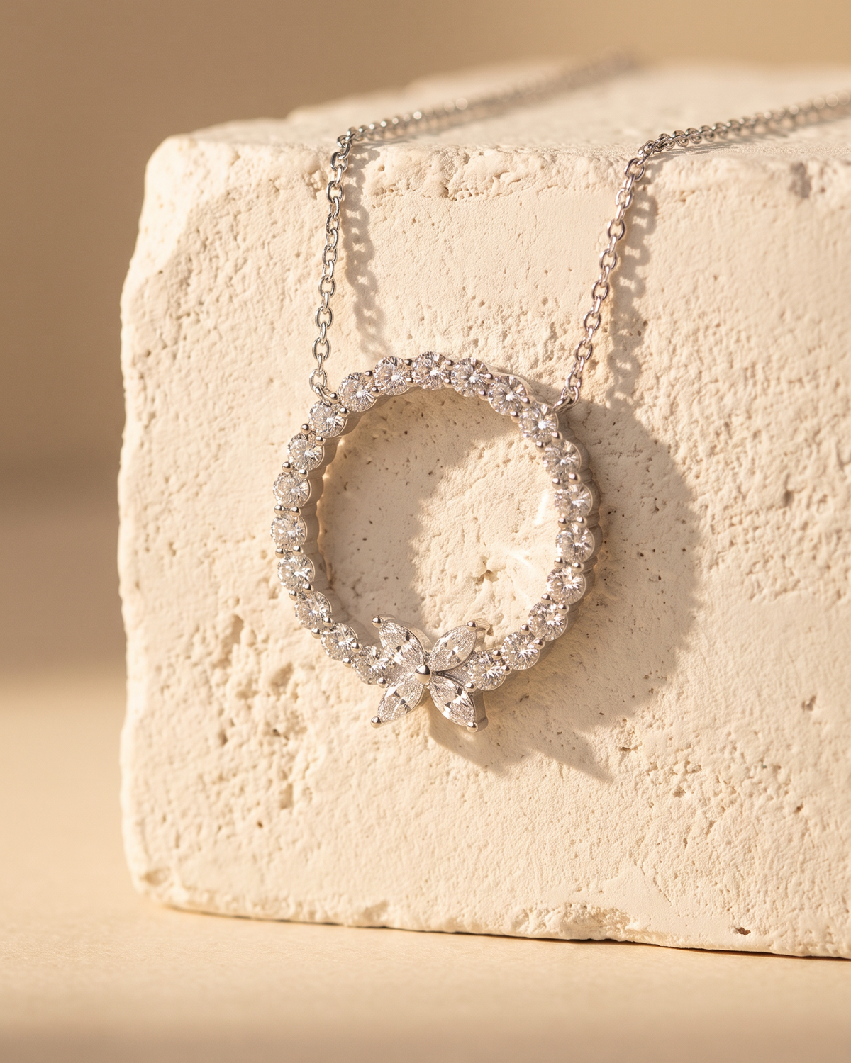 Lab Diamond White Gold Circle Butterfly Necklace