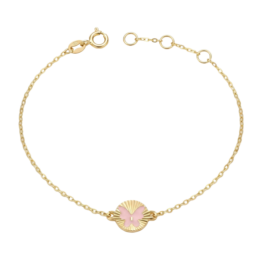 18K Yellow Gold Pink Enamel Butterfly Chain Bracelet