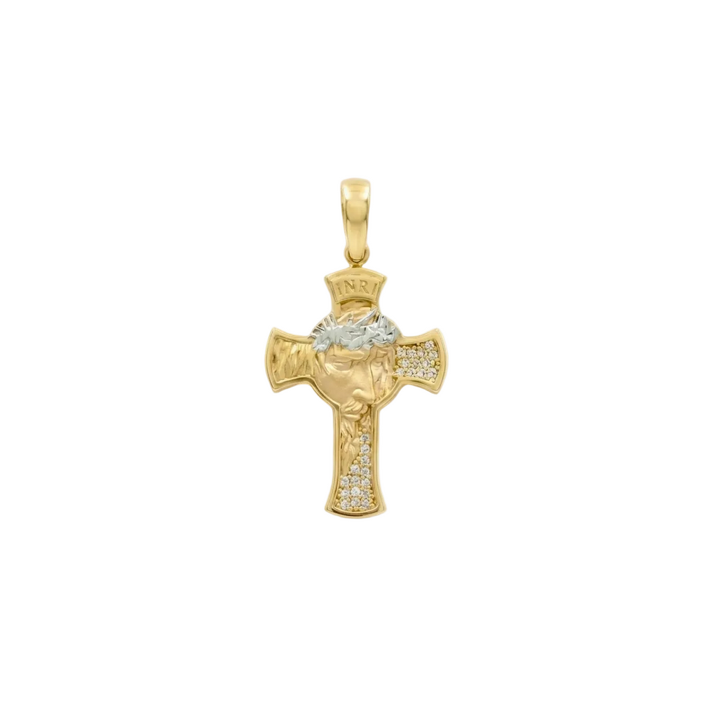 18K Gold Small Cubic Zirconia Two Tone Jesus Face Cross Pendant