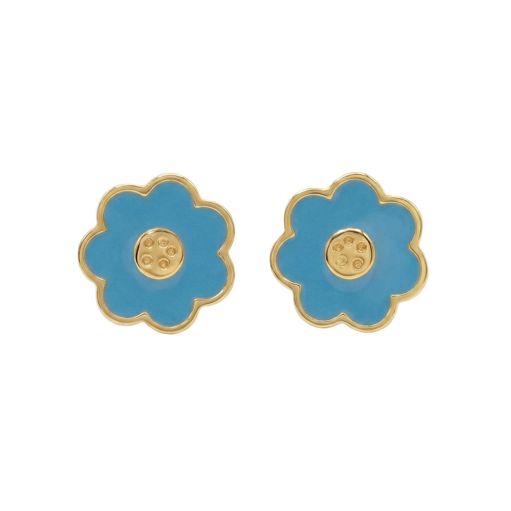 18K Yellow Gold Blue Enamel Flower Stud Earring