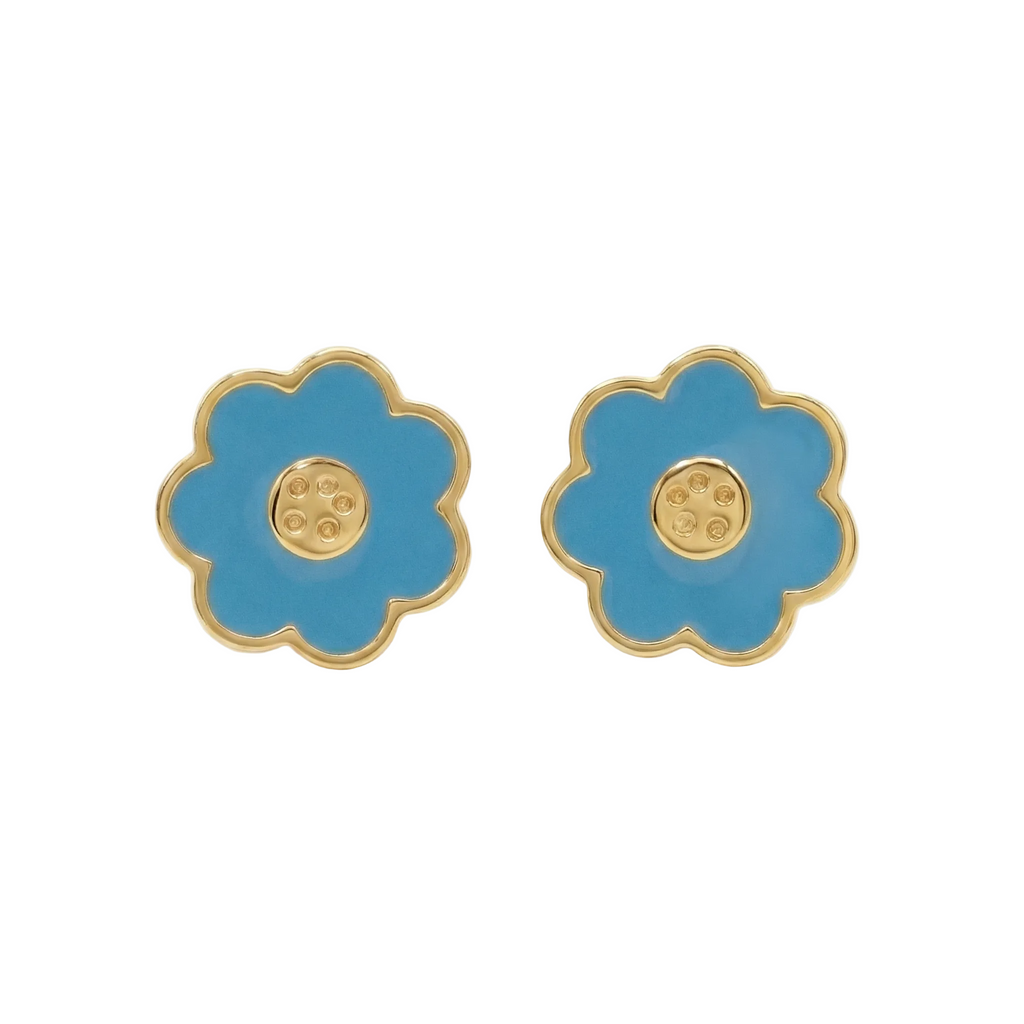 18K Yellow Gold Blue Enamel Flower Stud Earrings