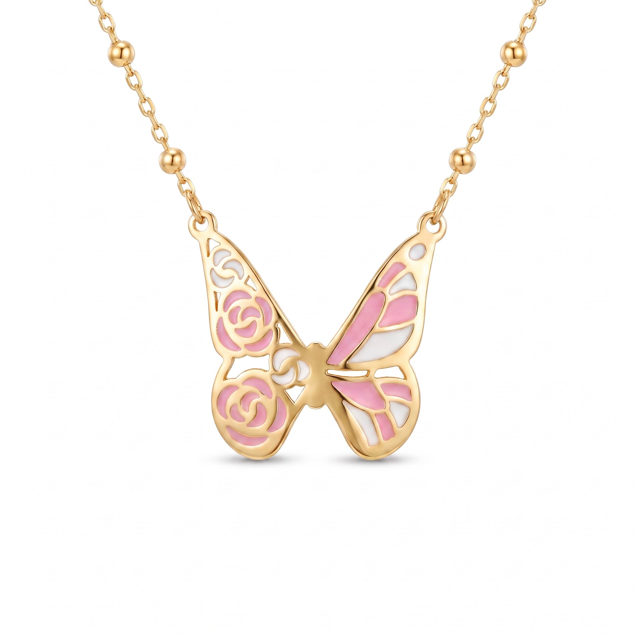 18K Yellow Gold Beaded White & Pink Enamel Butterfly Necklace