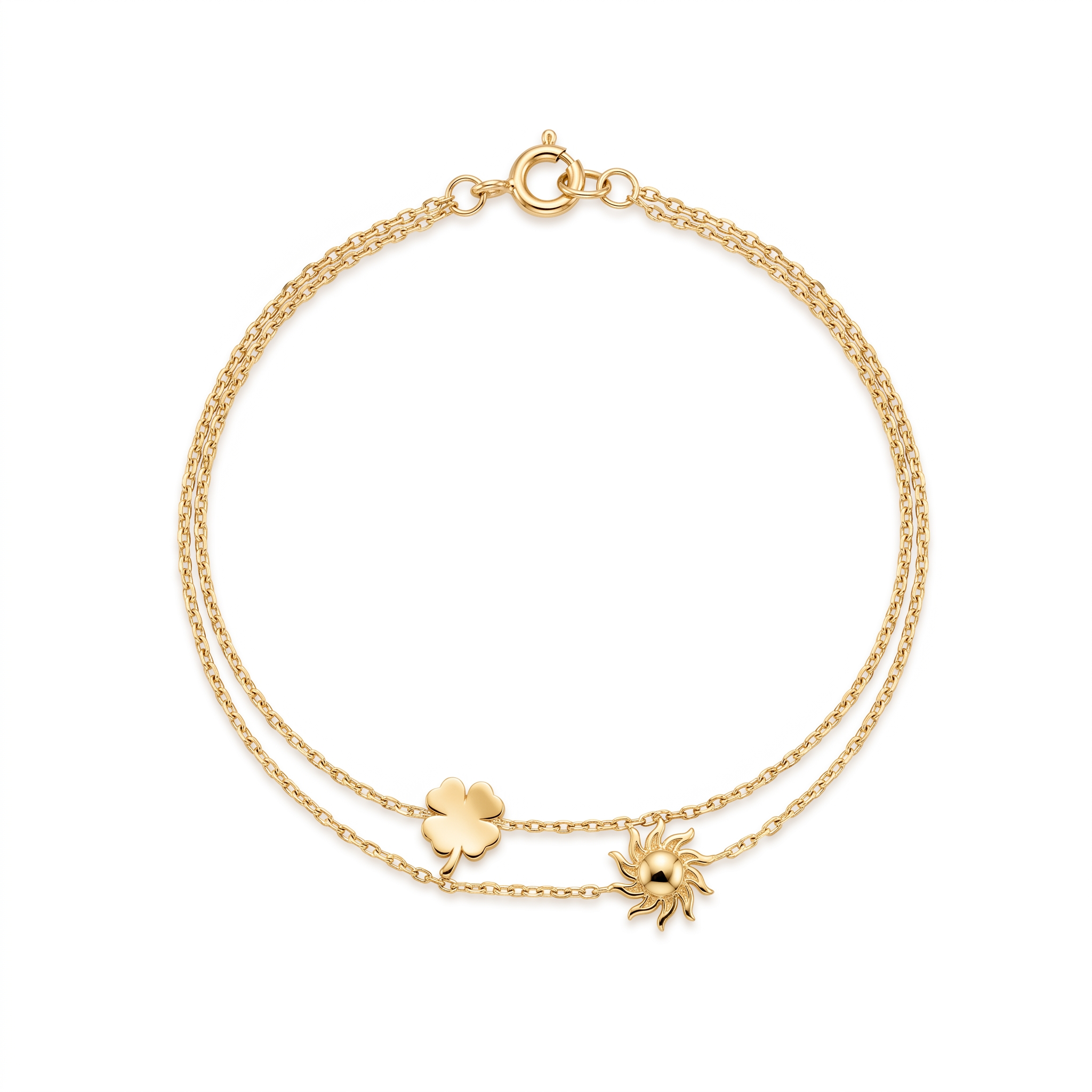 18K Yellow Gold Clover & Sun Double Chain Bracelet