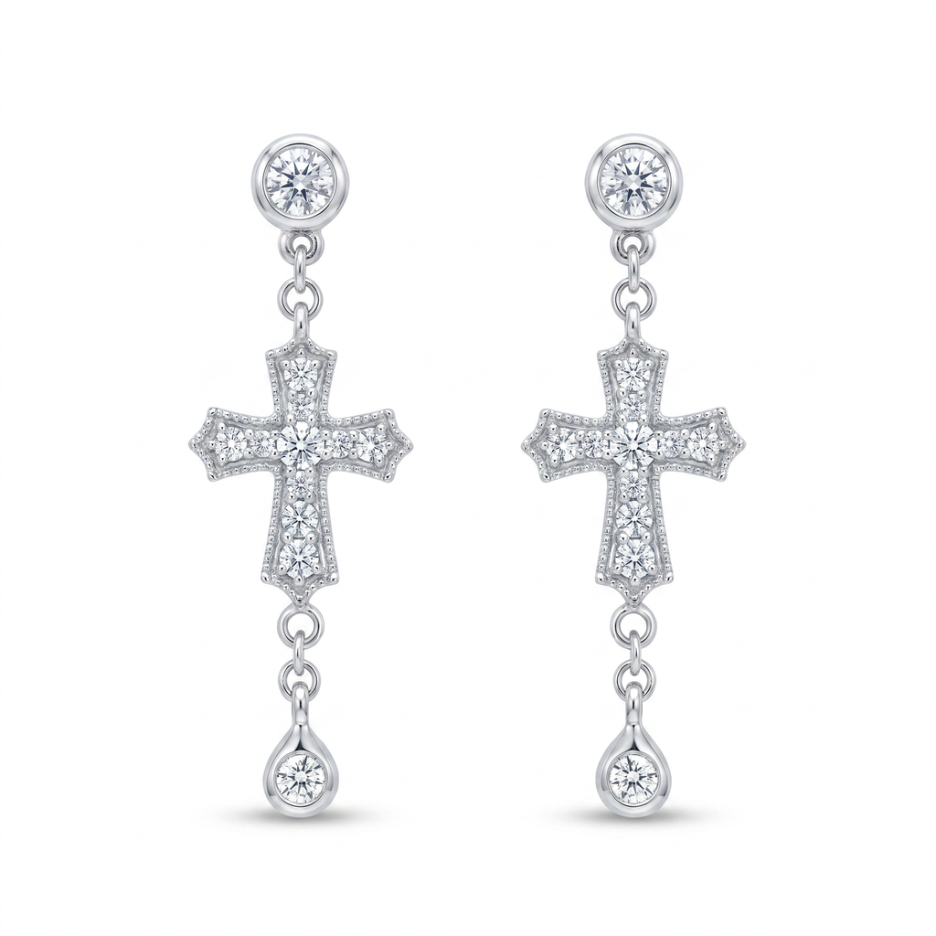Diamond White Gold Cross Dangle Earrings