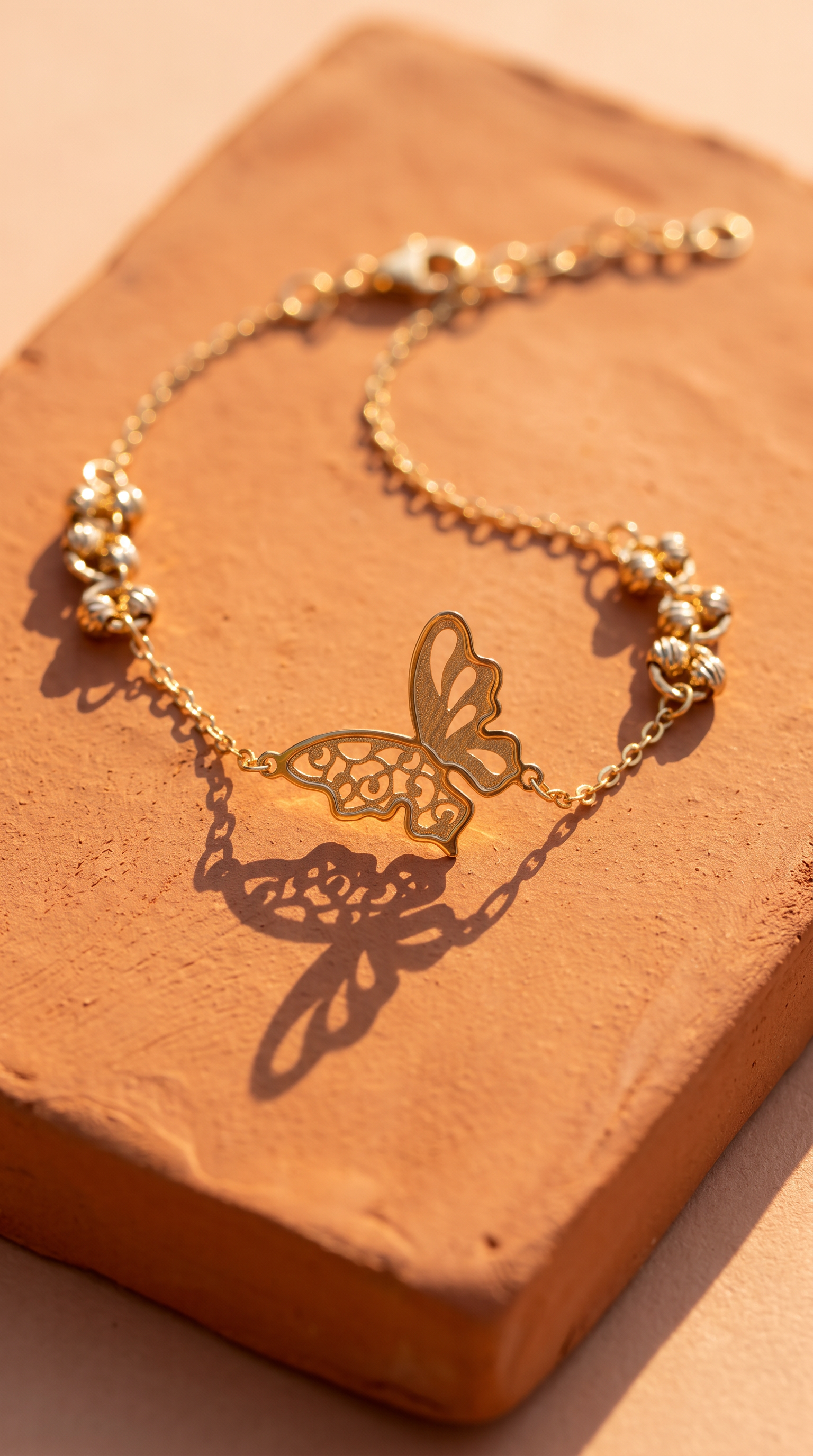 18K Yellow Gold Beaded Butterfly Chain Bracelet