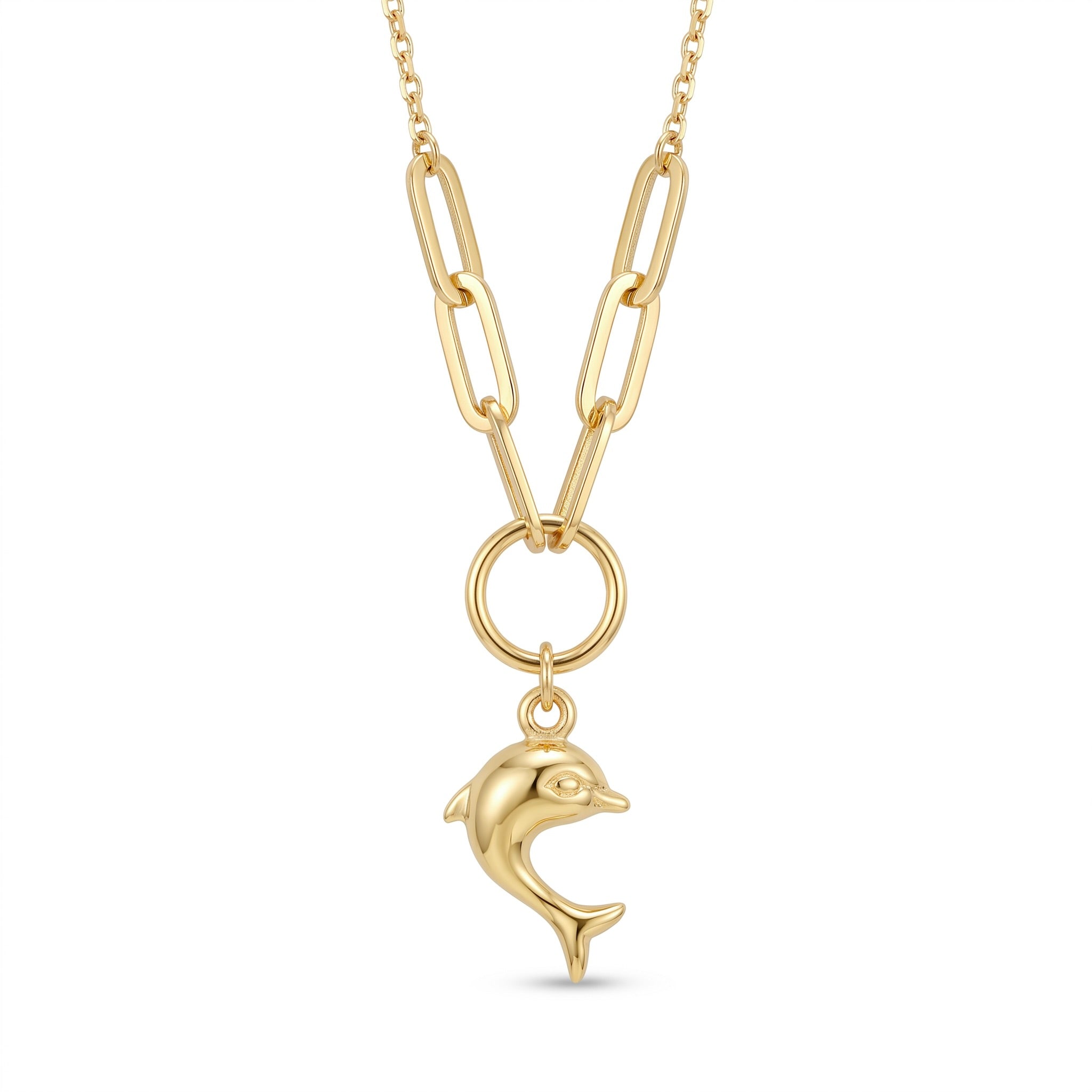 18K Yellow Gold Paperclip Dolphin Chain Necklace