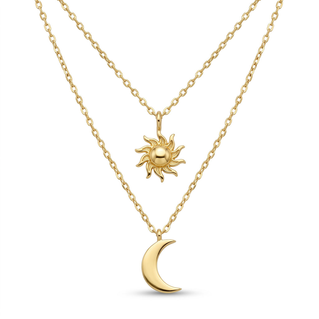 18K Yellow Gold Double Chain Sun & Moon Necklace