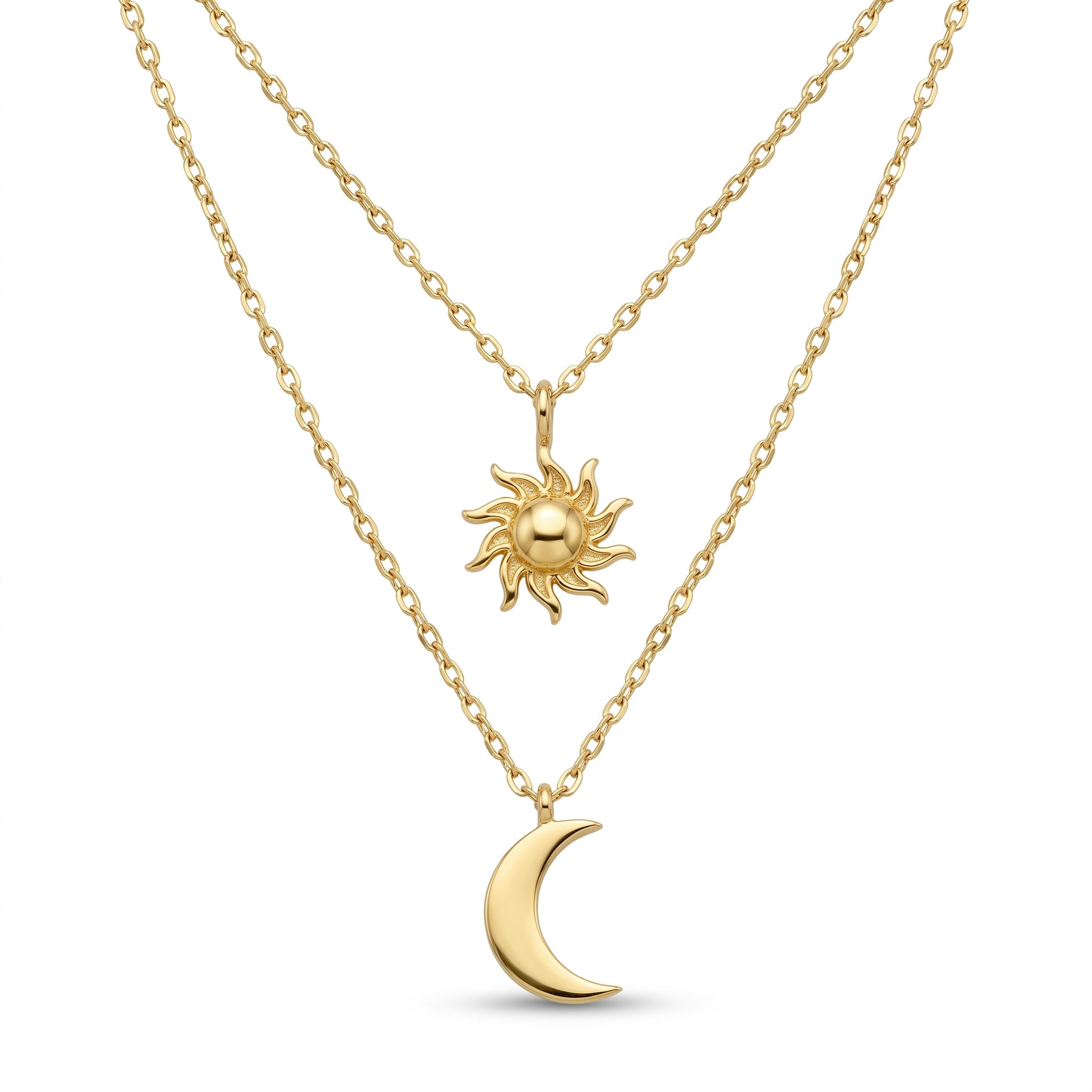 18K Yellow Gold Double Chain Sun & Moon Necklace