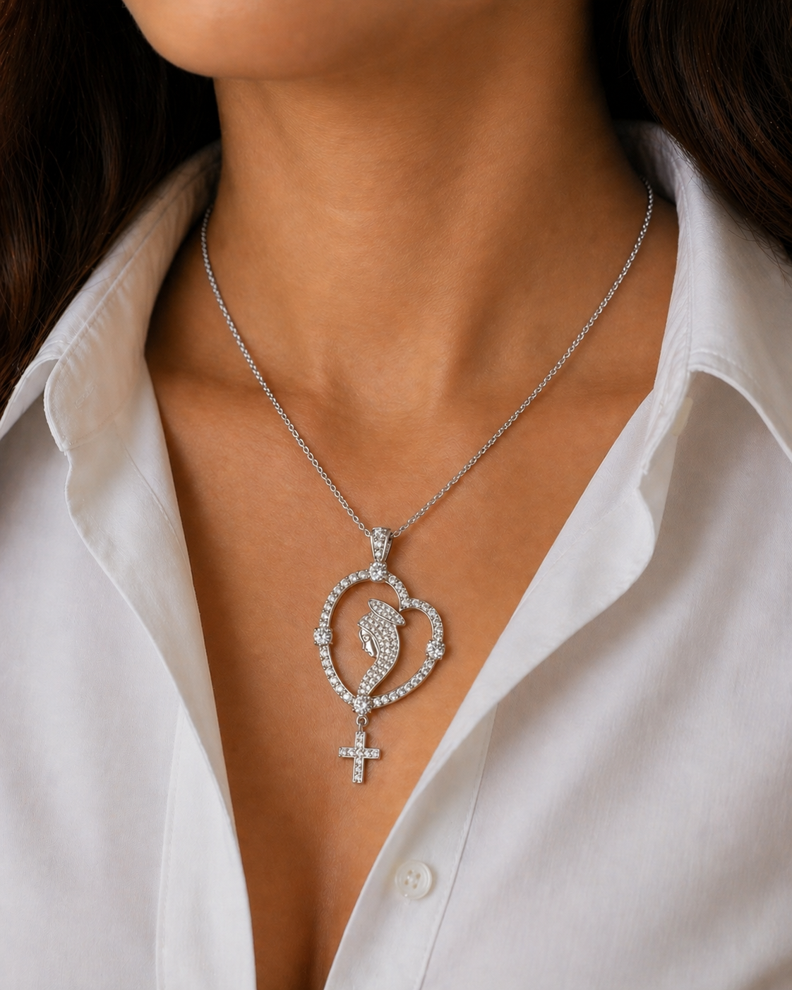 Diamond White Gold ST. Mary Cross Necklace
