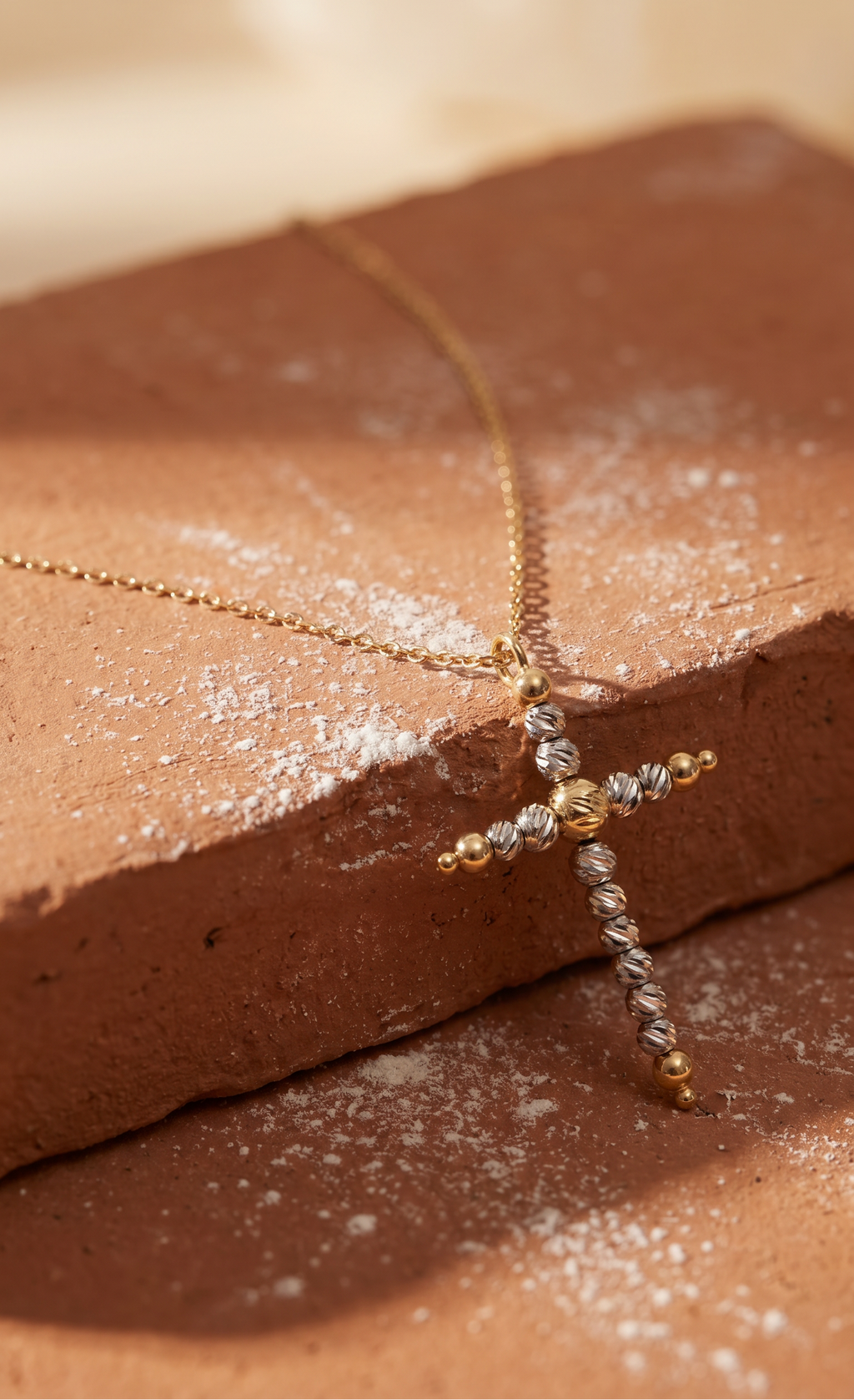 18K Two Tone Gold Cross Beaded Necklace