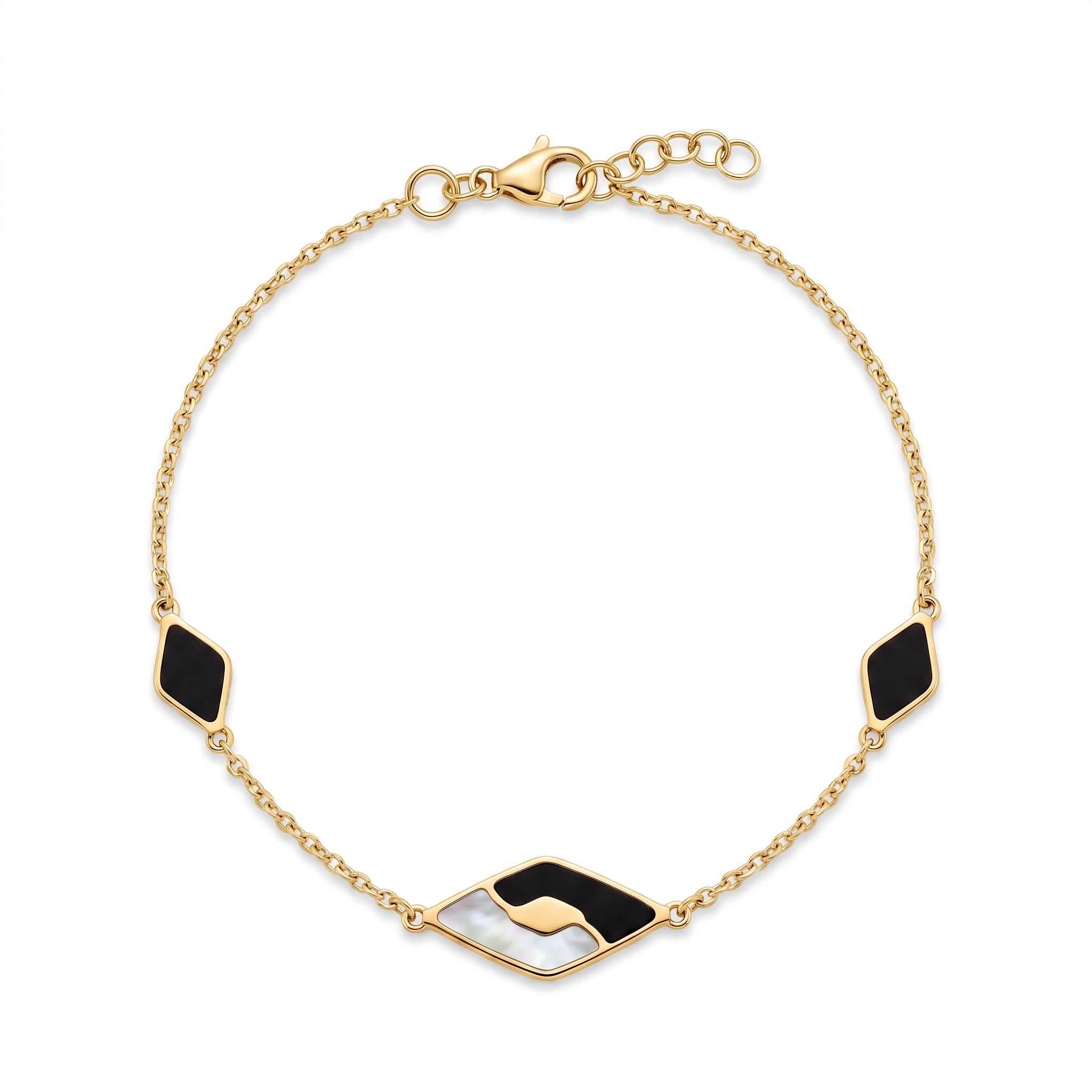 18K Yellow Gold Mother Of Pearl & Onyx Chain Bracelet