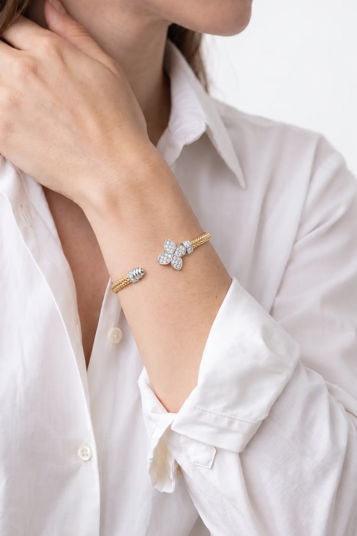 Diamond Two Tone Gold Pavé Flower Cuff Bracelet