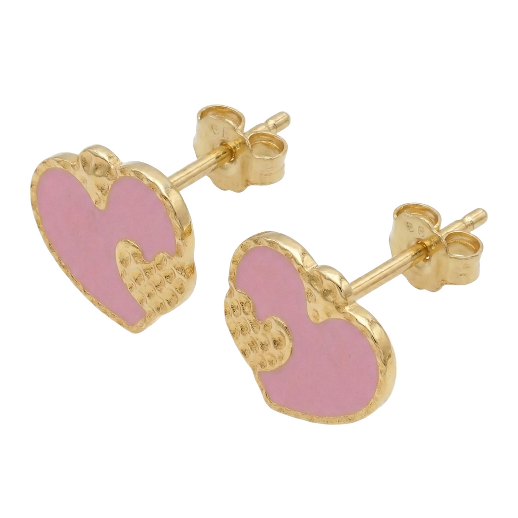 18K Yellow Gold Pink Heart Enamel Stud Earrings