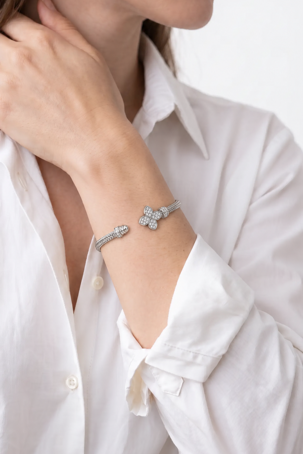 Diamond White Gold Pavé Flower Cuff Bracelet