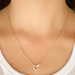 18K Gold Two Tone Cross and Heart Charm Chain Necklace