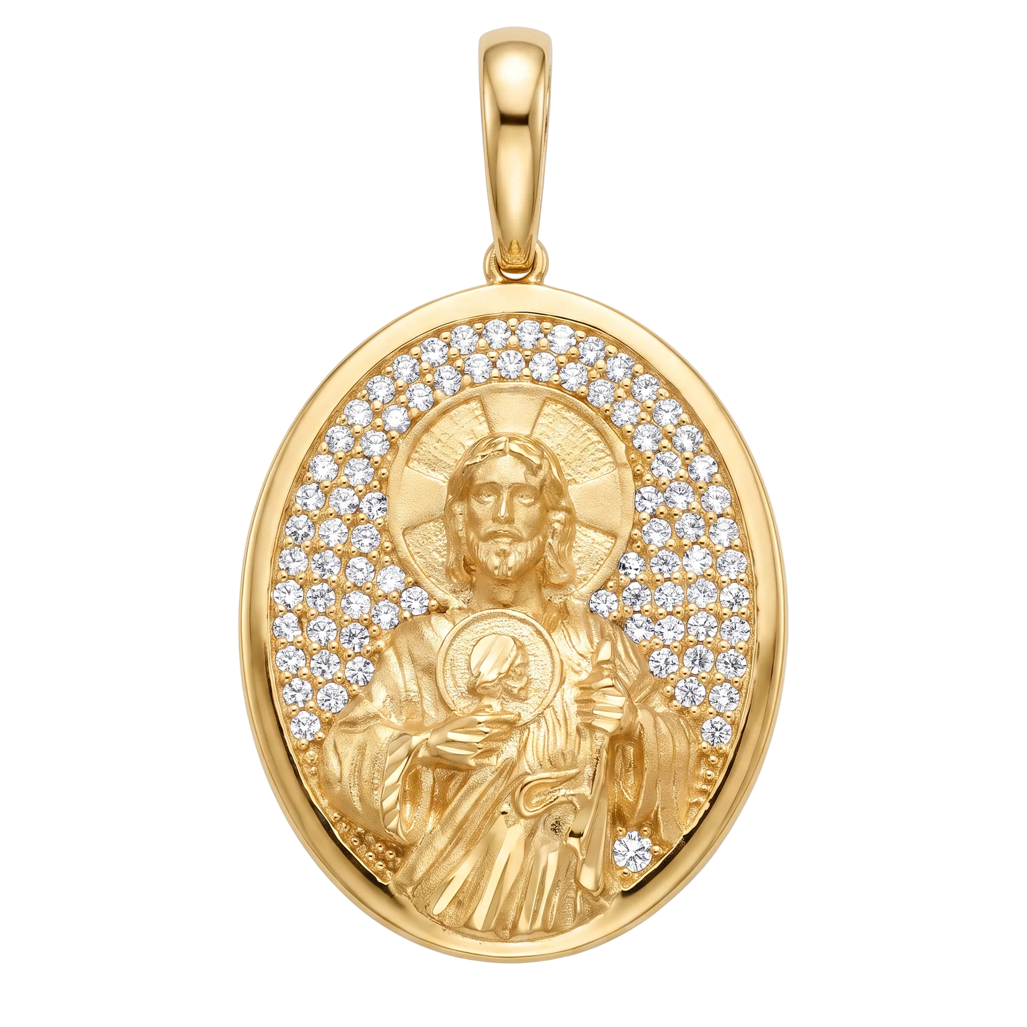 18K Yellow Gold Cubic Zirconia Pave 3D Jesus Icon Pendant