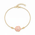 18K Yellow Gold Pink & White Enamel Rose Chain Bracelet